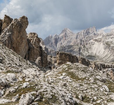 Rocky landscape, behind Col de La Pieres, hiking trail to Passo Cir, nature park Park Puez-Geisler, Dolomites, Selva di Val Gardena, South Tyrol, Trentino-Alto Adige, Italy