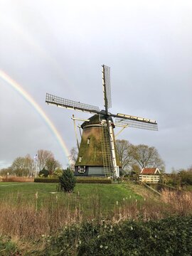 Windmill De Riekermolen with rainbow, Amsterdam Zuid, Amsterdam, Netherlands