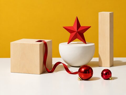 A minimalist christmas composition featuring a wooden cube, a white half-sphere, a tall wooden block, a red star, and red baubles on a white surface with a yellow background