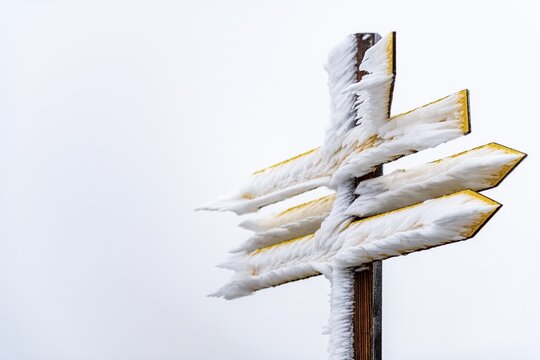 Snowy signpost in front of white sky, S&ouml;lden, &Ouml;tztal, Tyrol, Austria