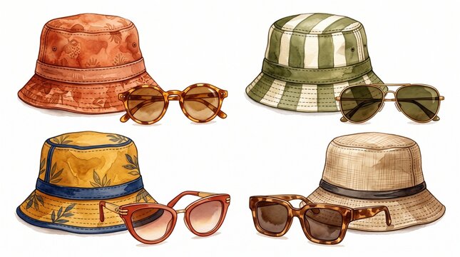 Set of Military, Baseball and Fashion Hats Isolated on White Background, Collection of Caps, Leather Headwear and Camouflage Accessories for Clothing and Protection Concepts