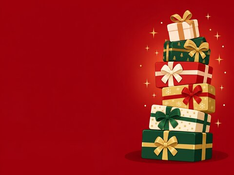 A vertical stack of colorful christmas gift boxes with ribbons and bows, decorated with sparkling golden star icons on a solid deep red background, festive holiday greeting card