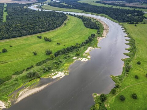 River Elbe, Middle Elbe, aerial view, meander, river course, groynes, sunrise in the Elbe floodplains, biotope, habitat, floodplain landscape, river course, delta, river landscape Elbe, flowing waters, late summer, Saxony-Anhalt, Germany