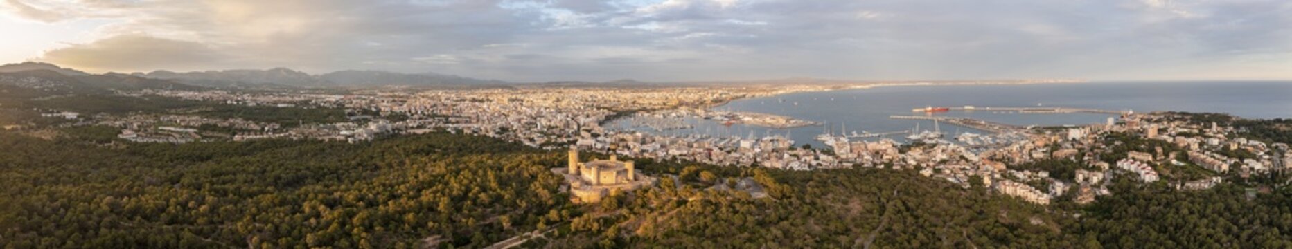 Aerial view, evening mood, round Castell de Bellver castle, view over the city of Palma de Majorca, Majorca, Spain