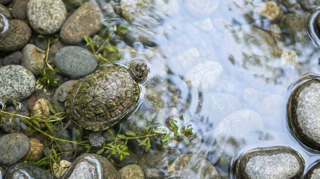 Small freshwater turtle submerged in clear shallow water with river stones and aquatic plants, showcasing natural wildlife in a serene pond environment.