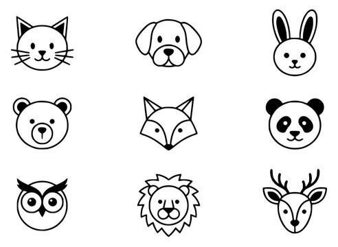 Minimalist vector illustration of nine stylized animal fac set with simple line art design featuring sketches, drawings, vector graphics with minimalist and simple illustrations
