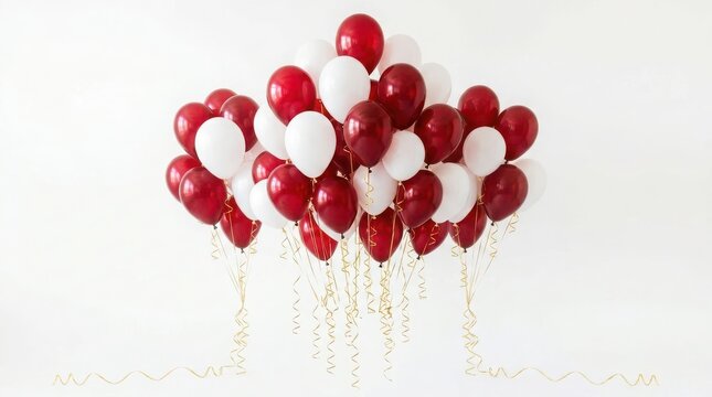 Bunch of shiny red and white balloons floating together for a birthday party celebration or festive holiday event decoration