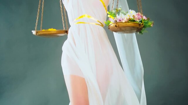 woman Greek goddess of justice Themis holding scales in hands blind eyes closed with conservation of nature versus money, corruption and corporations concept. Sexy girl White gold dress fabric flies.