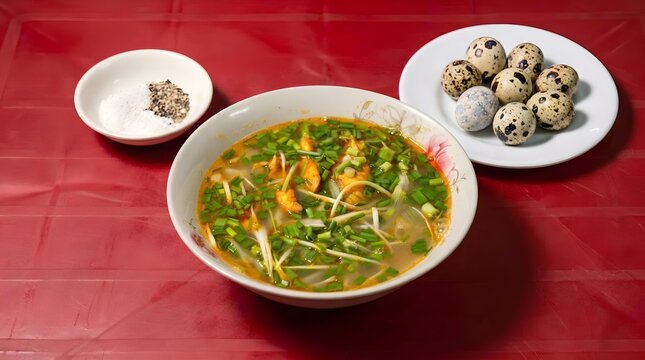 B&aacute;nh canh c&aacute; l&oacute;c (Vietnamese snakehead fish thick noodle soup) served in a traditional floral ceramic bowl.