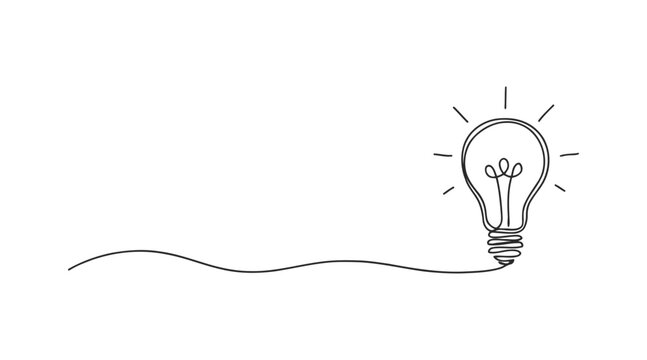 Continuous line drawing of a glowing light bulb idea symbol with line art electric bulb innovation creativity