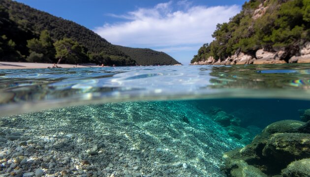 透明な海と石浜の半水面風景写真（水中写真, 海底, ビーチ, 夏, リゾート, 旅行, 観光, 背景素材） / Split shot crystal clear ocean water surface and seabed