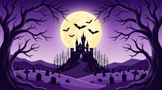 Spooky halloween background vector illustration featuring a haunted castle silhouette with a full moon and flying bats in purple night sky