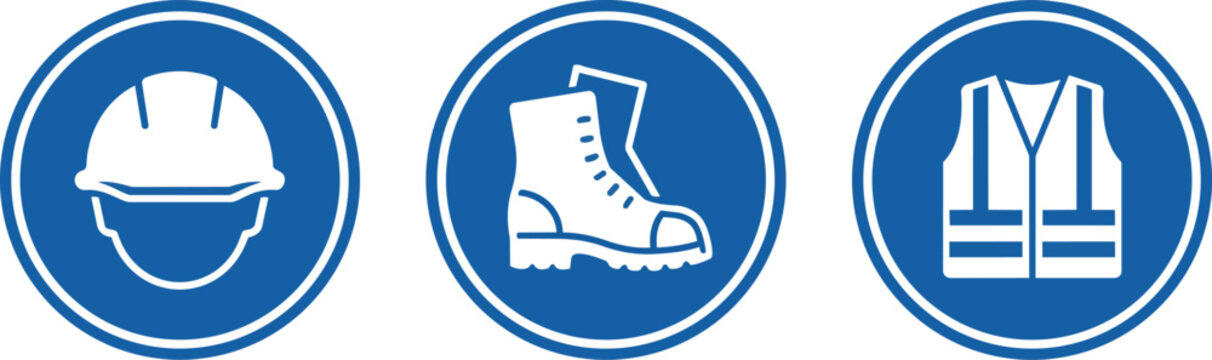 Mandatory construction site safety equipment vector icons featuring helmet boot and vest on transparent background