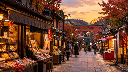 Fototapeta premium Nostalgic Japanese Shopping Street Leading to a Shrine Torii at Autumn Sunset