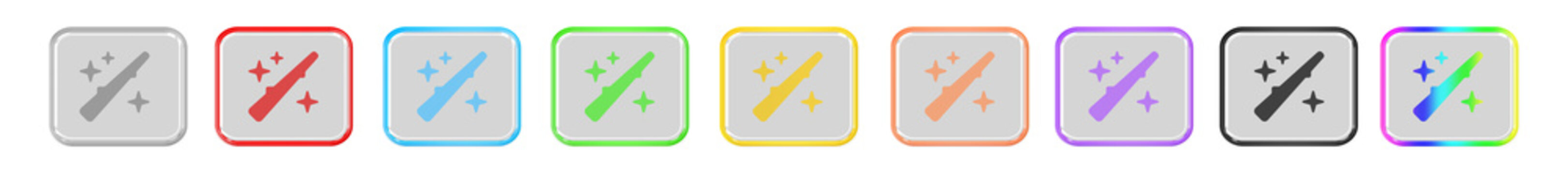 Glossy Glass Magic Wand and Sparkle Icon Set in Rounded Square Frames with Metallic Chrome Borders, Colorful 3D Magic Effect Symbols in Multiple Colors, Fantasy Photo Editing and Image Enhancement 