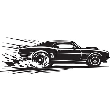 Muscle car drag racing burnout vector illustration, classic american hot rod with tire smoke
