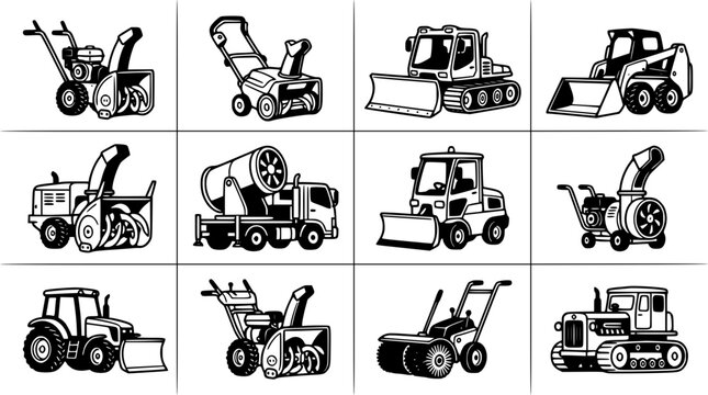 Construction Equipment Icons Set, Various Machinery Illustrations