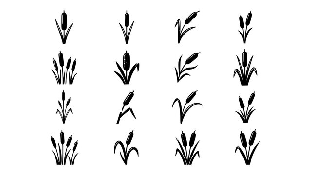 Cattail Plant Outline and Silhouette Botanical Vector Icon Collection