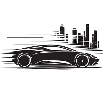 Sleek modern car driving through city at high speed, urban motion blur