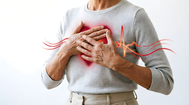 Senior person showing sudden chest pain with heart rate monitor graphic
