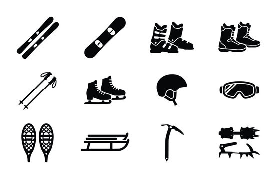Winter Sports Equipment Icons Set, Snowboarding, Skiing, Ice Skating Gear, Outdoor Activity Symbols, Black and White Vector Graphics for Seasonal Design