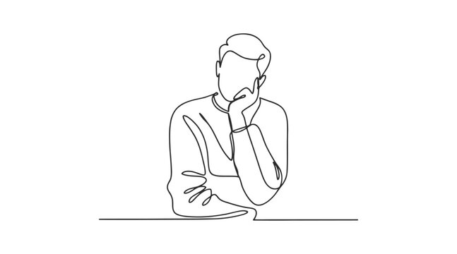 Thinking man continuous line art illustration sitting at table with problem solving thinking thoughtful reflection