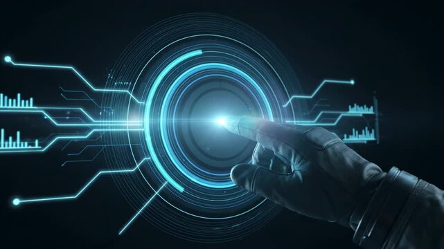 Gloved hand touching glowing futuristic technology interface displaying circular digital data graphics while interacting with virtual system network in dark background space environment.