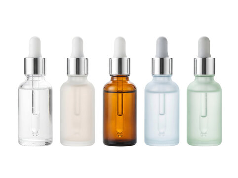 Five glass dropper bottles with different colored liquids