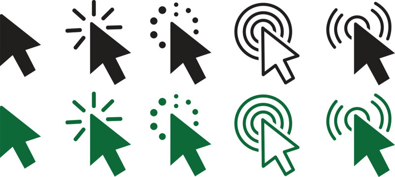 Mouse Cursor and Click Pointer Icon Set in Black and Green Vector Style