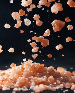 Close-up of pink Himalayan salt crystals falling onto a pile against a dark black background