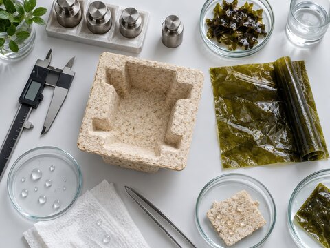 Eco friendly molded fiber packaging and seaweed biopolymer materials