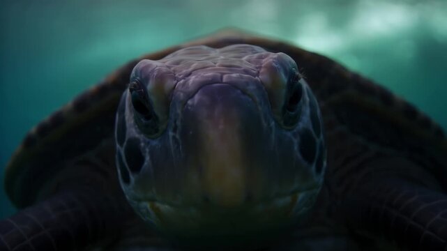 Close Up Front View of Sea Turtle Swimming in Deep Ocean Water. Concept of pristine marine wildlife, healthy aquatic ecosystem.