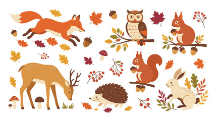 Obraz premium Autumn woodland animals set with cute deer, fox, owl, squirrel, hedgehog, rabbit, and colorful leaves