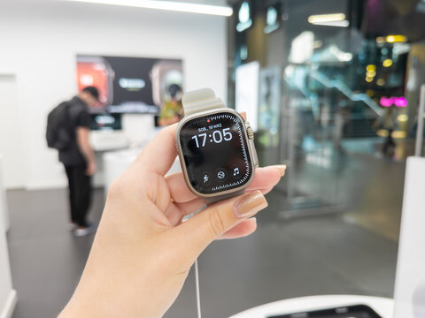 Poznan, Poland - September 19, 2026: An Apple Watch Ultra 4 color Natural showcased in a store display to highlight the high-end fitness wearable features and minimalist aesthetic
