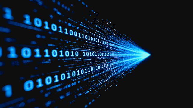 Glowing binary code streams transmit digital data at high speed, representing modern information technology and digital communication systems.