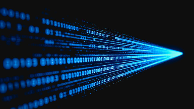 A futuristic digital stream of binary code moving rapidly, representing high-speed data transmission and modern technology.