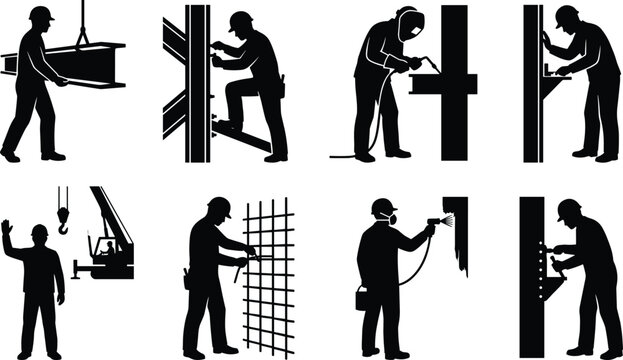 Steel Construction Workers and Welder Vector Silhouette Icon Set Featuring Rigging Bolting and Spray Painting