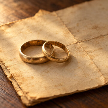 Aged Wedding Rings on Old Paper Symbolizing Lasting Love and Years of Marriage