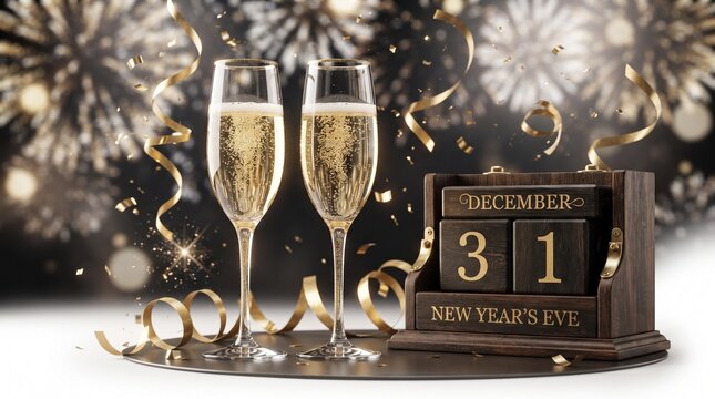 Two champagne flutes with sparkling wine next to a December 31 calendar