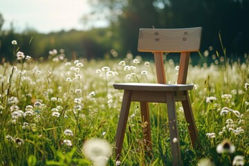 Naklejka premium Front view wood chair packaging nature flower field.