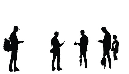 Fototapeta premium Silhouettes of diverse people standing in a row while using smartphones and mobile devices on a white background.