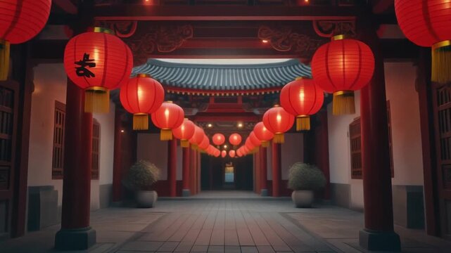 Lunar New Year lantern courtyard Lanterns moving in courtyard breeze