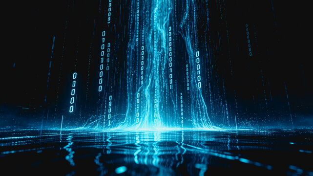 A glowing digital data stream with binary codes flows upwards from a reflective surface, representing modern information technology.