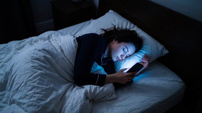Young woman falling asleep in bed at night while holding a glowing smartphone