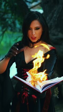 Fantasy woman sexy witch holds old burning book in hands, bright flame fire, Girl fairytale goth reads magic spell. Black red dress halloween gothic costume. Dark deep forest tree. Light on evil face