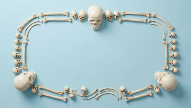 Human skulls and bones arranged as a frame on a light blue background