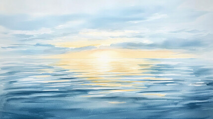 Obraz premium Minimalist ocean horizon with soft sunlight reflecting across calm blue water, creating a serene seascape with gentle ripples, airy clouds, and peaceful natural atmosphere.