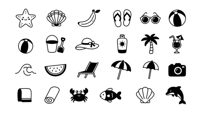 Black and white symbols showing typical coastal vacation gear and marine animals arranged in neat rows for creative design projects and digital interfaces with educational and leisure themes
