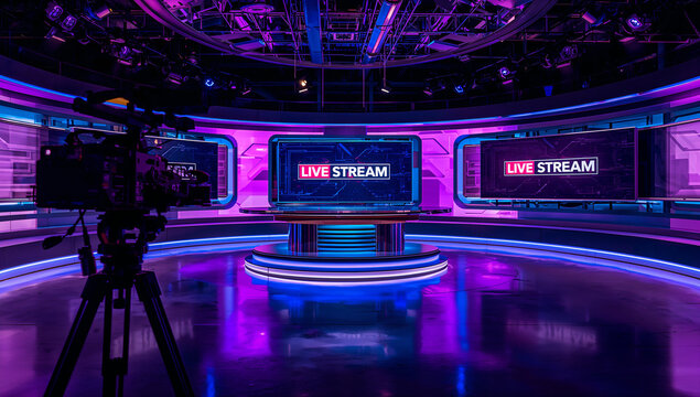 Modern virtual news studio with live stream text on screens and professional broadcast camera in purple and blue lighting