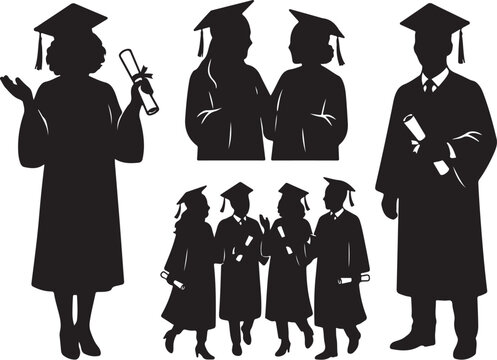 Graduation silhouette set of students in academic gowns and mortarboards, college graduates holding diplomas, university commencement ceremony vector